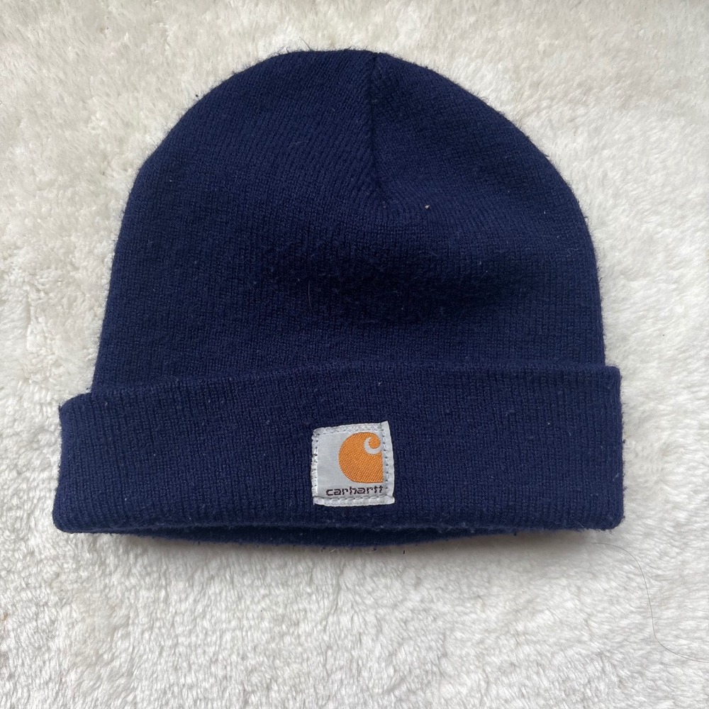 Carhartt Navy Blue‎ Knit Beanie Hat Fold Over Cuff Logo Patch One Size Mens
